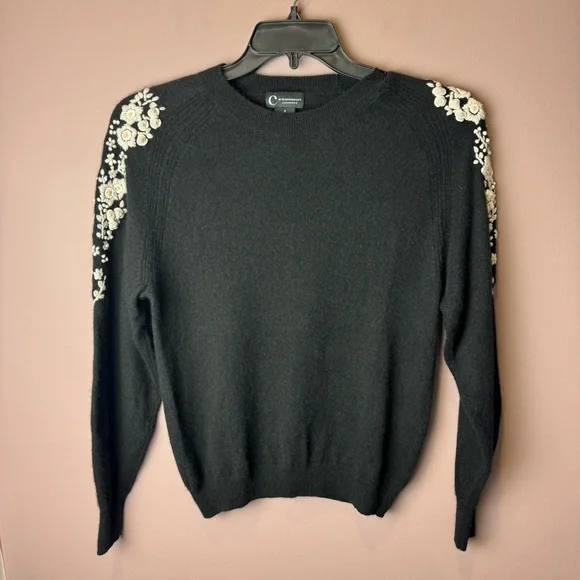 C by Bloomingdale's Cashmere Black Embroidered Sweater S - Picture 2 of 9